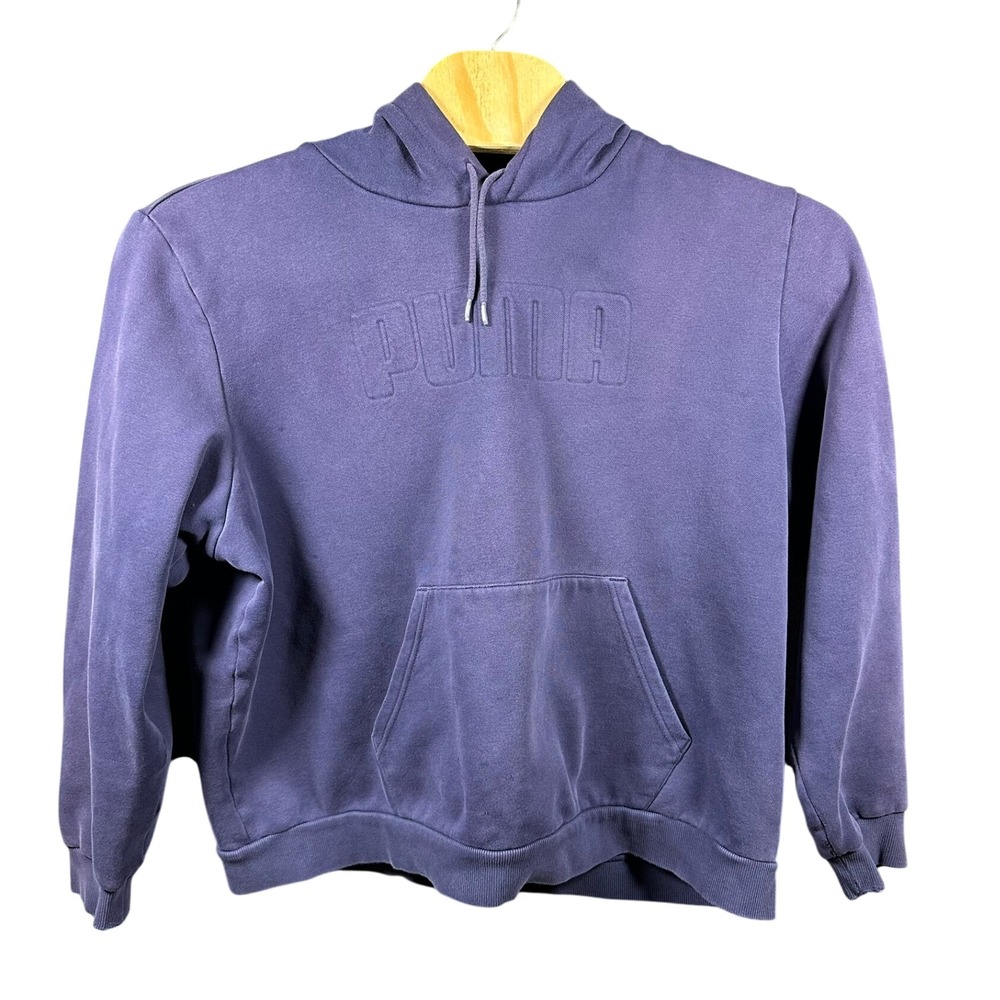 Puma Men's L Blue Purple Thrashed Embossed Spellout Logo Hoodie Distressed Fade‎